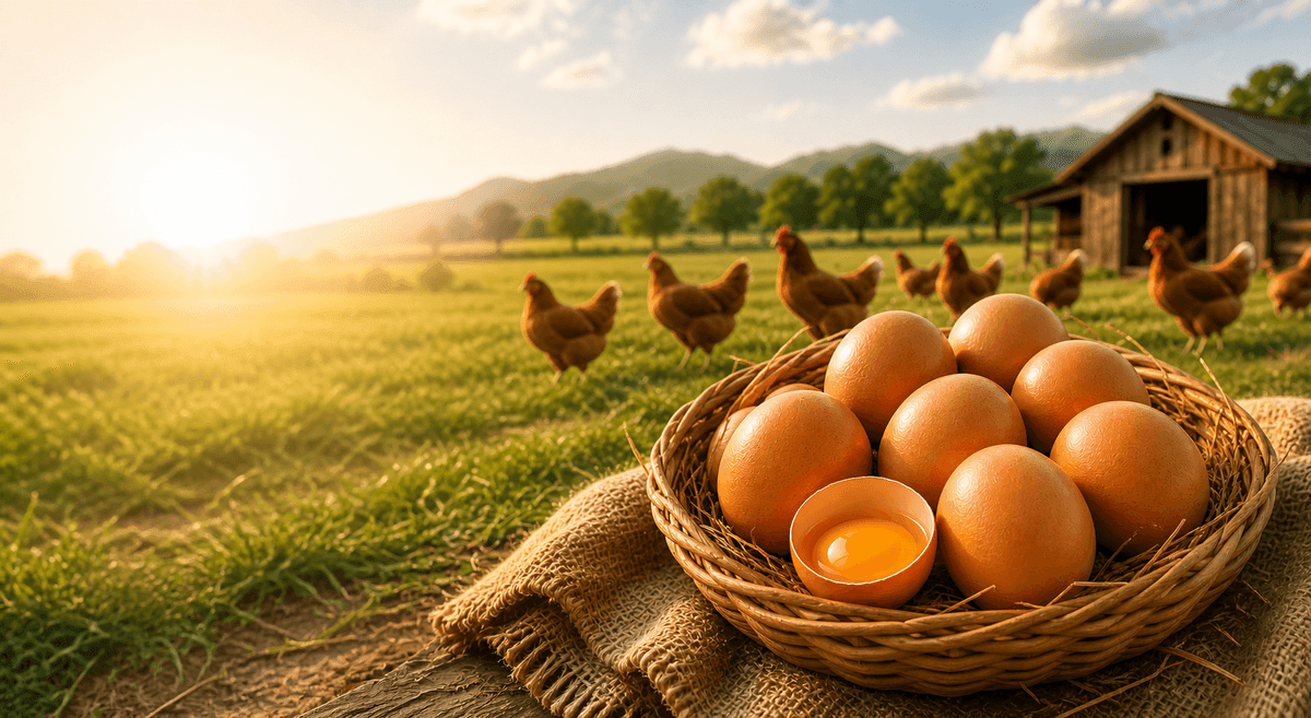ANJL Animal Farm — fresh brown eggs in a basket surrounded by free-range chickens on open green pastures in Negros Occidental, Philippines